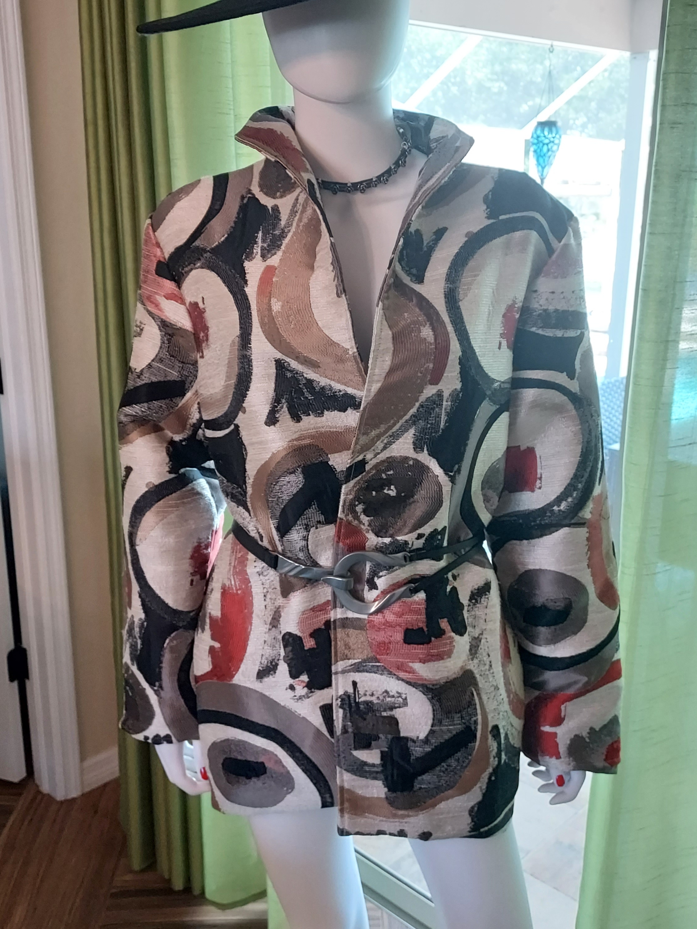Abstract Circle Print Belted Women's Blazer - Red, Black, Taupe